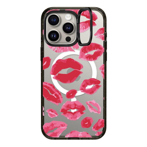 CASETiFY Impact Ring Stand Case for iPhone 15 Pro Max [3X Military Grade Drop Tested / 6.6ft Drop Protection/Compatible with Magsafe] - Lipstick Kisses - Clear Black