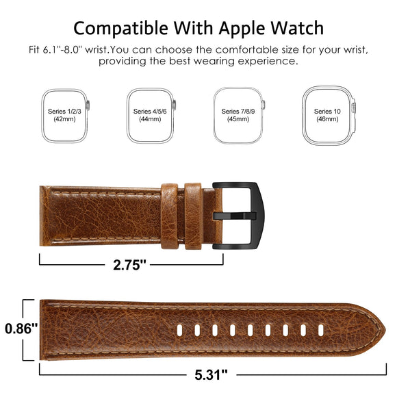 EDIMENS Leather Bands Compatible with Apple Watch 46mm 45mm 44mm 42mm(Series 1 2 3) Band Men Women, Vintage Genuine Leather Wristband Replacement Band Compatible for Apple Watch iwatch Series 10 9 8 7 6 5 4 SE